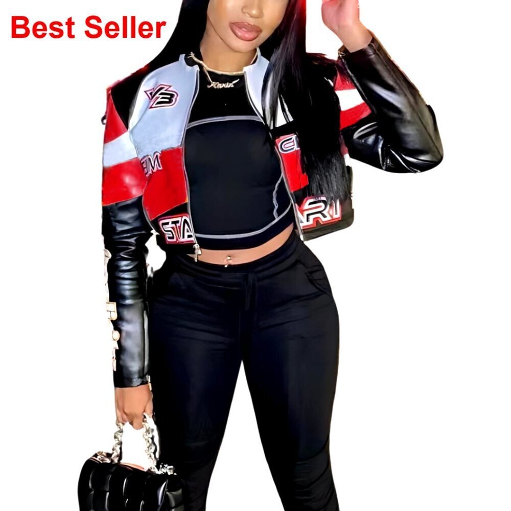 Faux Leather Moto Biker Jacket with Zipper Front Closure